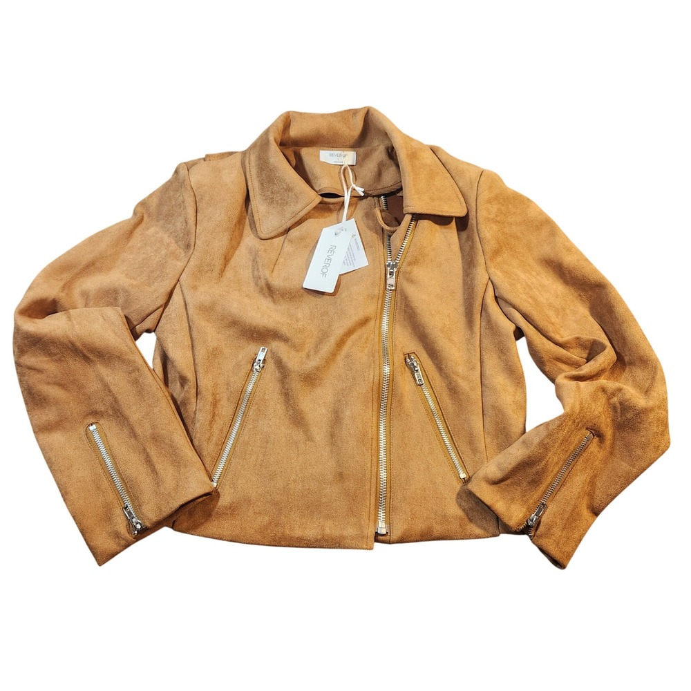 Reverof Women's Large Faux‎ Suede Brown Moto Biker Jacket Full Zip